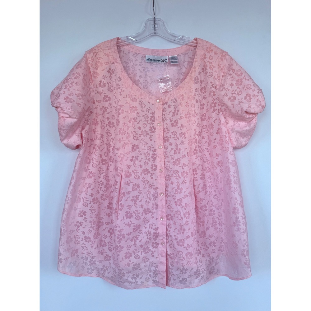 Denim 24/7 Light Pink Scheer Floral Jacquard Blouse Puff Sleeve Top Plus 22W